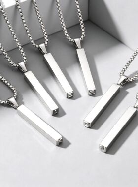Letters Rectangle Bar Pendant Necklace for Men Women, Stainl