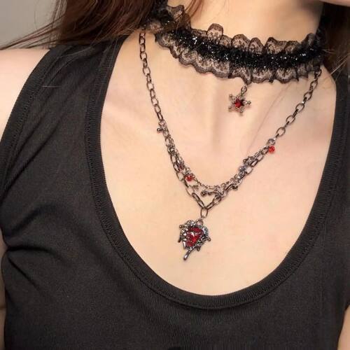 Punk Gothic Pendant Necklace Lace Pentagram Multi-Layer Tass