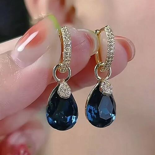 Exquisite Blue Drop-shaped Crystal Pendant Earrings For Wome