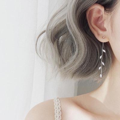 Long Silver Plated Crystal Leaf Tassel Drop Earrings For Wom
