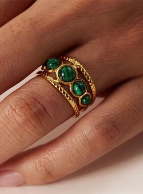 Vinage Sainless Seel Green Malachie Open Rings for Men Women