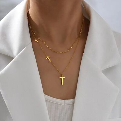 Double Layer Stainless Steel Gold Color Cross Pendant Neckla