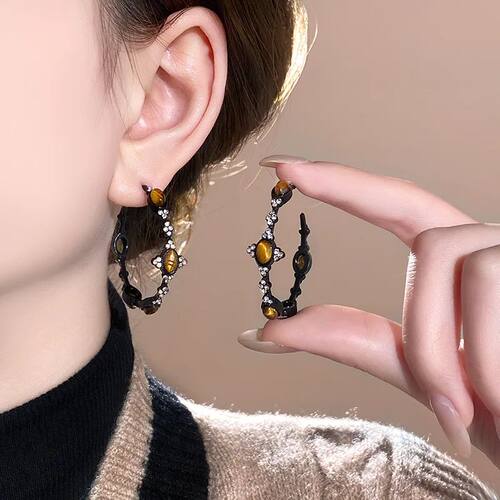 Shiny Zircon C-Shaped Earrings for Women  Brown Tiger Eye St