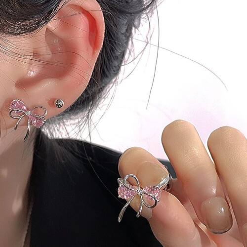 New 925 Pure Silver Bow Pink Zircon Earrings, Suitable for W