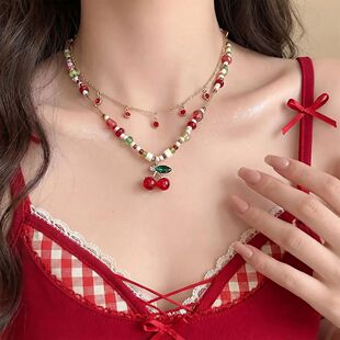 Cute Cherry Charm Layered Necklace for Women Red Green Beade