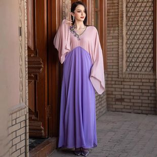 Women Dress Embroidery Caftan V Neck Chiffon Party Robe Ja