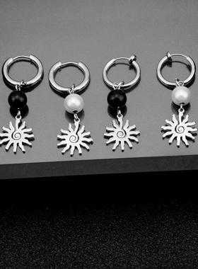 Pearl Sun Pendant Stainless Steel Hip Hop Earrings