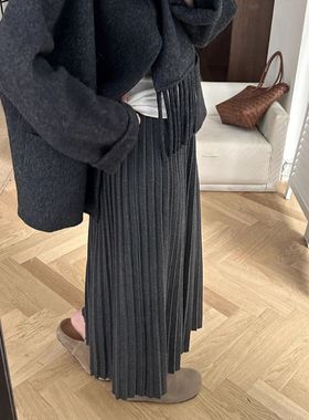 Women's Knitted Pleated Skirt Pure Color Commuting Ankle Len