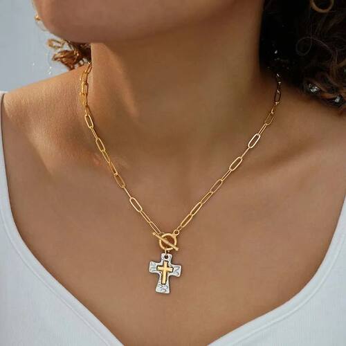 Fashion Metal Cross Pendant Necklace for Women Men  Gold Sil