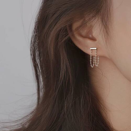 Silver Color ndy Design Double Chain Tassel Stud  Earrings F