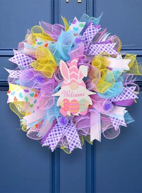 Easer Bunny Gnome Spring Wreah wih Colorful Eggs and Flowers