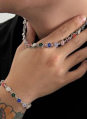 Hiphop Punk Colorful Zircon Flower Necklace for Men Women Go