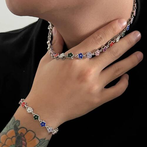 Hiphop Punk Colorful Zircon Flower Necklace for Men Women Go
