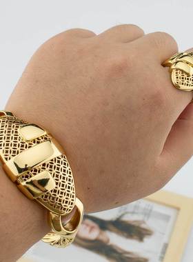 Cuff Bangle With Ring For Women 18K Gold Plated Bracelet Jew