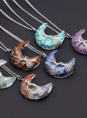 Natural Crystal Moon Pendant Necklace Tree of Life Amethyst