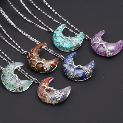 Natural Crystal Moon Pendant Necklace Tree of Life Amethyst