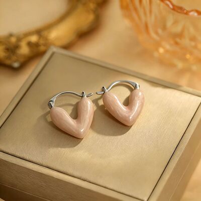 Silver Peach Pink Heart Hoop Earrings for Women, ndy Glossy