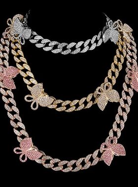 All Pink CZ Stone Bling Ice Out 4pcs Butterfly Setting Cuban
