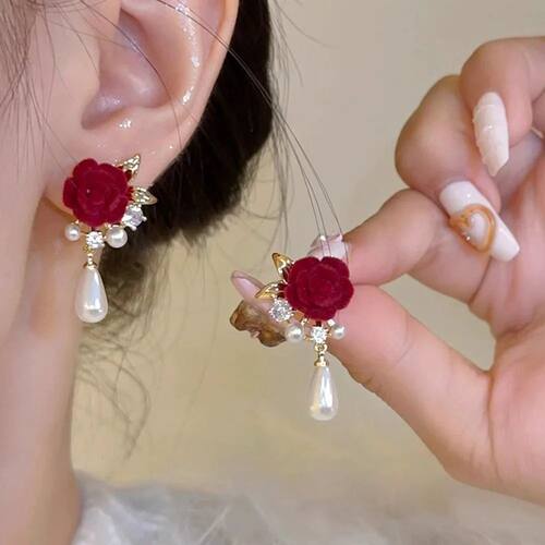 Wine Red New Year Earring Geometric Alloy Rose Pearl Ear Stu