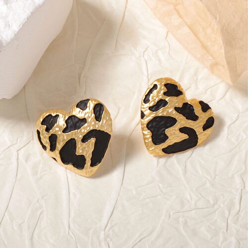 Boho Style Leopard Print Pattern Heart Stud Earrings Mascot