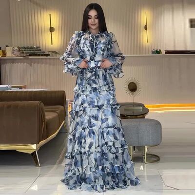 Women Party Dress   Ruffle Print Jalabiya Sweet Long Dresses