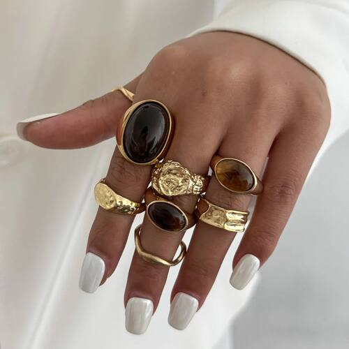 8Pcs/Se Vinage Brown Sone Open Rings for Women Geomeric Irre