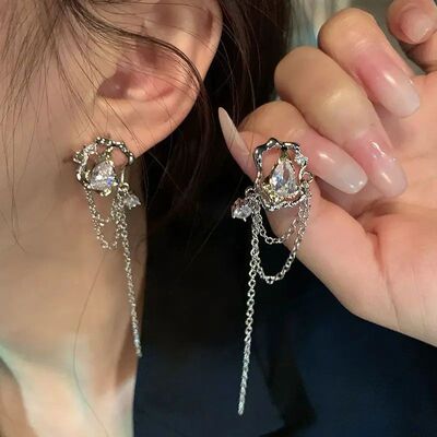 New Zircon Tassel Chain Earrings Opal Moon Plane Girl Person