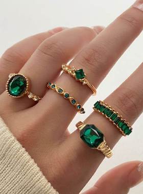 1Sets Green Crystal Rings Set for Women Gold Plated Vintage
