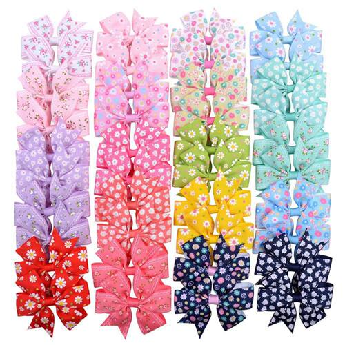 20PCS Printed Daisy Sunflower Dot Ribbed Strap Fishtail Bow