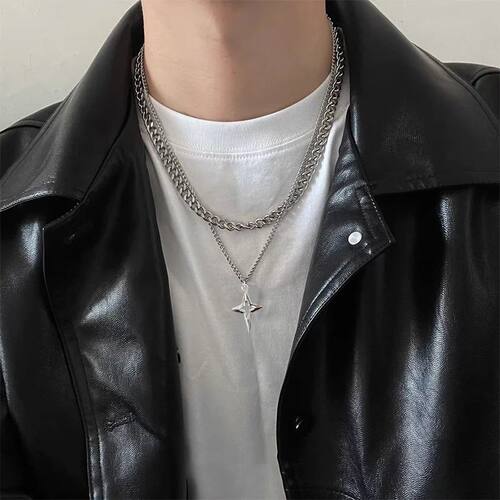 New Design Double Layer Link Chain Cross Star Necklace for W