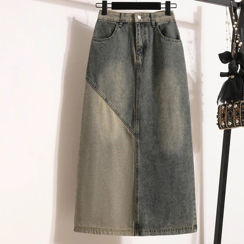 Patchwork Contrast Color Denim Skirts Simple Leisure High-wa