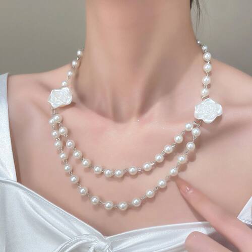 New Fairy Style Necklace French Pearl Camellia Double Layer