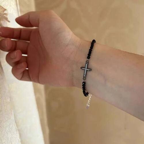 Punk Black Crystal Cross Bracelet for Women Men Vintage Zirc
