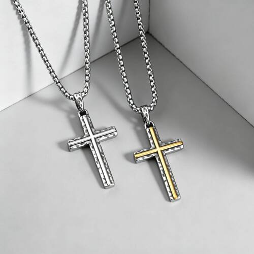 Textured Cross Pendant Necklace for Men Women, Stainless Ste