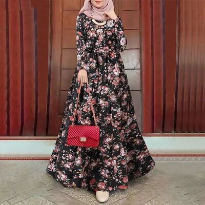 New Elegan Floral Prin  Dress Sun Skir wih Bel Long Robe Kne