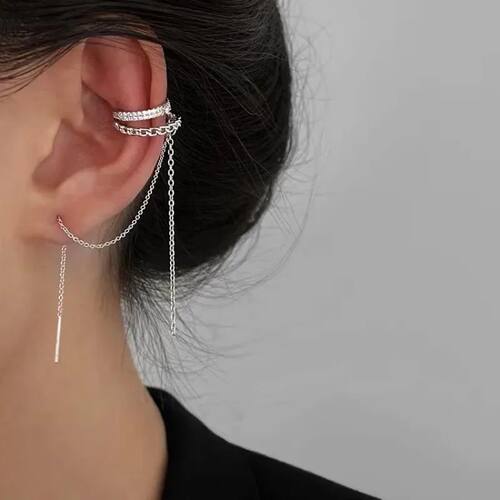 1Pcs Double Layer C-Shaped Ear Cuff Earrings Long Tassel Rhi