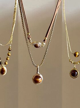 New Double-Layer Brown Stone Pendant Necklace for Women Girl