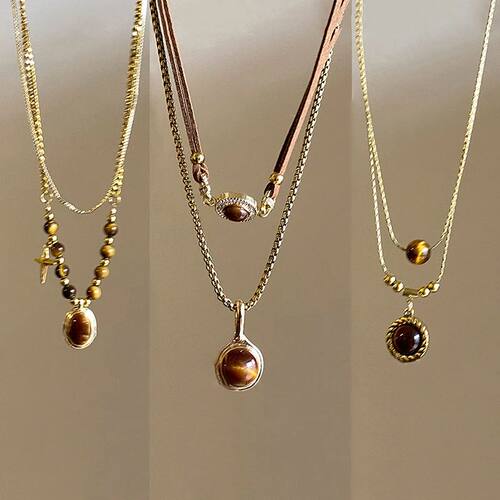New Double-Layer Brown Stone Pendant Necklace for Women Girl
