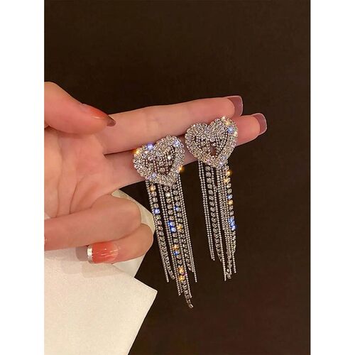 Heart Shape Rhinestone Tassel Drop Earrings For Women