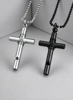 Whistle Cross Necklace for Men Women, Stainless Steel Chain