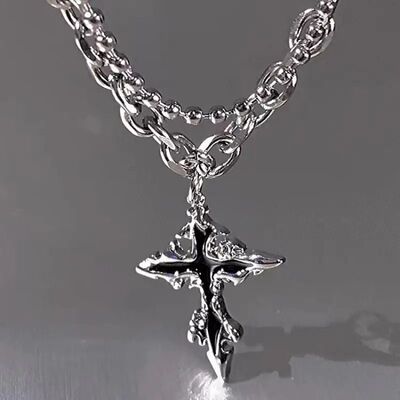 Hiphop Punk Long Chain Cross Necklace for Women Men Punk Dou