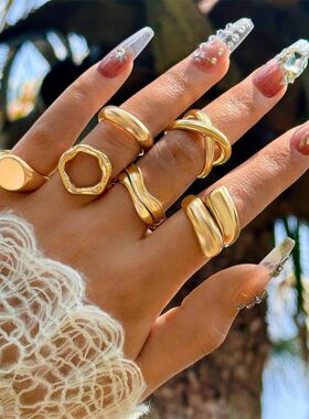 6Pcs/Se Exaggeraed Geomeric Curved Rings Vinage Punk Adjusab