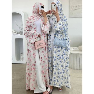 Women Dubai luxury Double layered chiffon Prin Dress Kafan