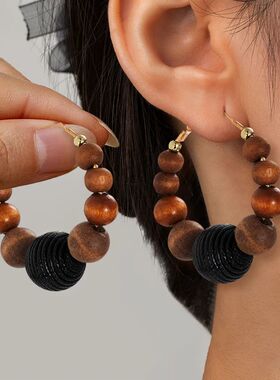 Boho Wooden Bead Drop Earrings for Women Exquisie Vinage Wov