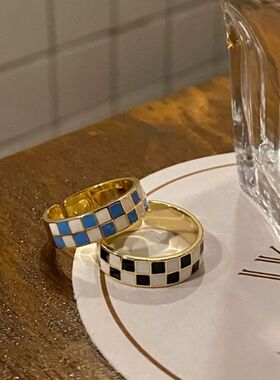 Fashion Cool Black Blue Grid Rings for Women Accessories Vin