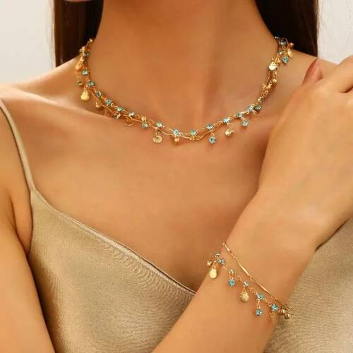 Gold Shell Choker Necklace Crystal Fringed Dainty Ocean Char