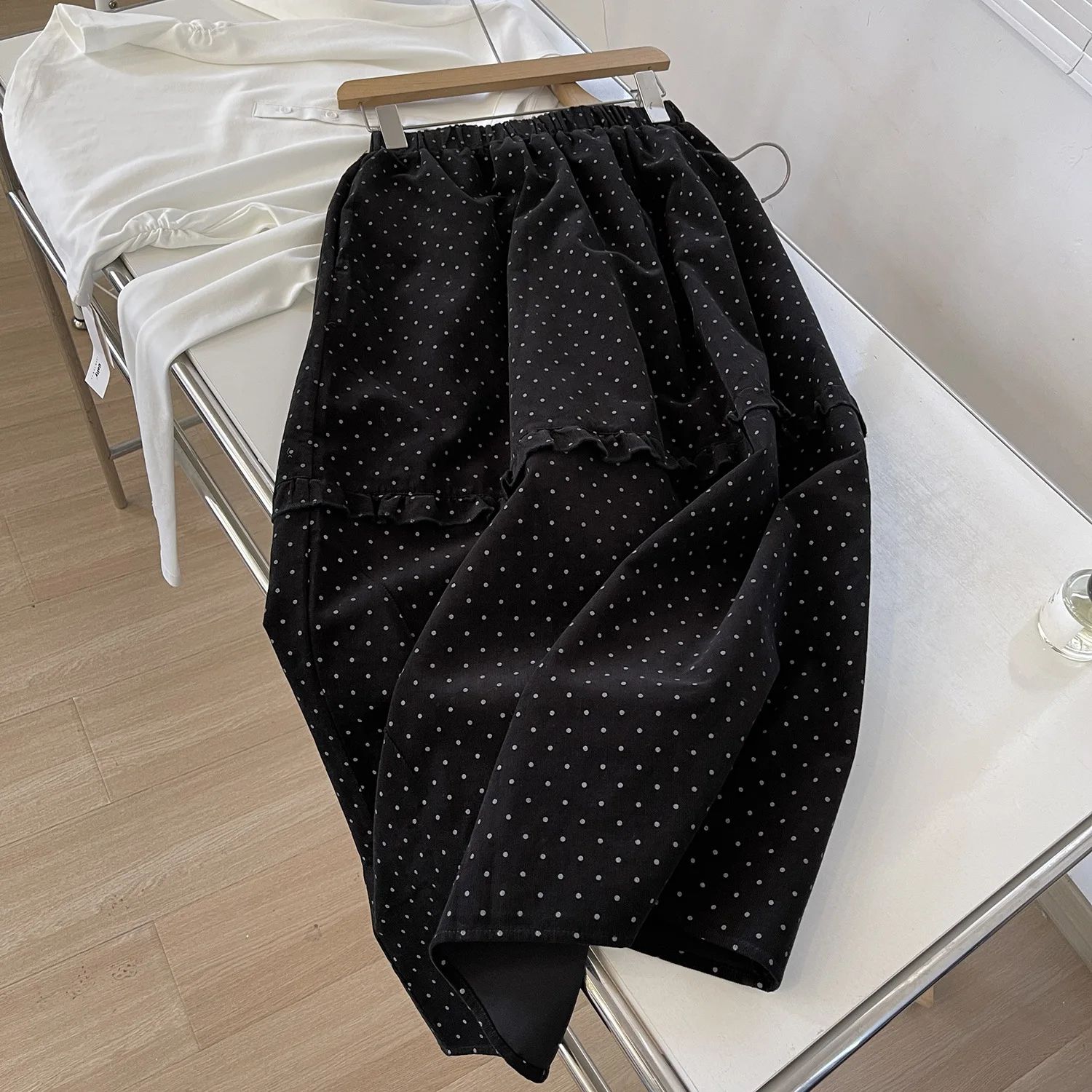 Women Patchwork Wooden Earlobe Polka Dot Skirts Korean Style