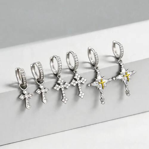 Dainty Zircon Cross Drop Earrings For Women Men, Silver Colo