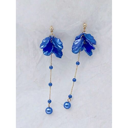 Blue Floral Petal Pearl Drop Earrings For Women Fashion Jewe