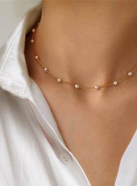 New Beads Women's Neck Chain Kpop Pearl Choker Necklace Gold